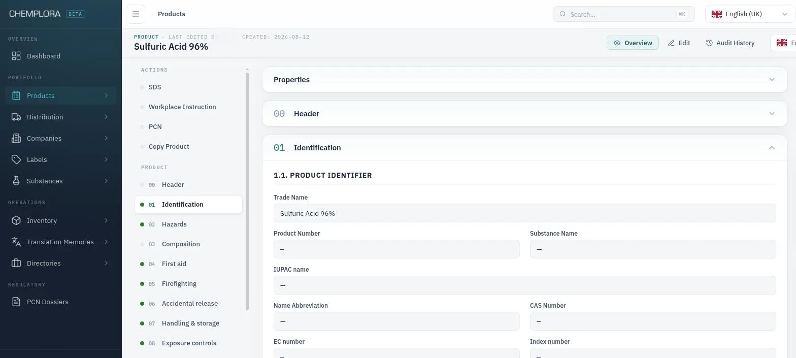 SDS editor interface showing document editor with hazard classification